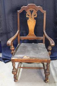 lot 673 image: Antique Wooden Armchair with Worn Upholstery