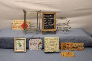 lot 709 image: Collection of Decorative Signs and Accessories Including Metal Rack and Chalkboard