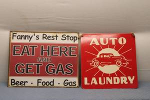 lot 710 image: Set of 2 Vintage Metal Signs - Fannys Rest Stop & Auto Laundry