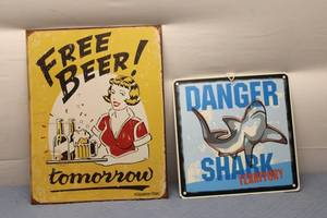 lot 712 image: Set of 2 Vintage Metal Signs - Free Beer Tomorrow & Danger Shark Territory