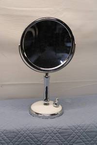 lot 715 image: Vintage Chrome and White Makeup Mirror with Decorative Bird Base