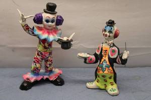 lot 719 image: Pair of Vintage Hand-Painted Clown Figurines with Colorful Designs