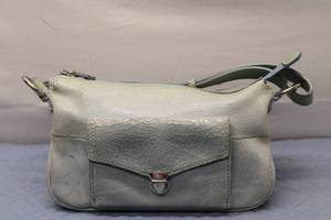 lot 721 image: Vintage Nordstrom Cracked Blue Leather Handbag with Colorful Stripe Lining