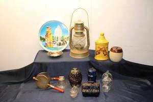 lot 74 image: Collection of Vintage Glassware and Antiques including Lantern, Jars, and Plates