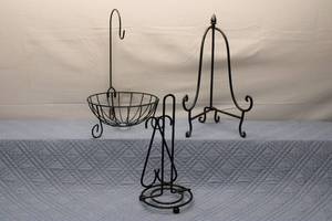 lot 83 image: Set of 3 Decorative Black Metal Holders - Fruit Bowl and Stand
