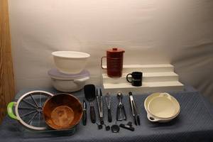 lot 93 image: Mixed Kitchenware Collection Including Bowls, Kitchen Tools, and Vikings Mug
