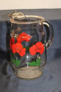 lot 95 image: Vintage Glass Pitcher with Red Poppy Floral Design