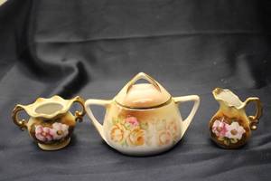 lot 105 image: Set of 3 Vintage Hand-Painted Porcelain Creamer and Sugar Bowl with Floral Design