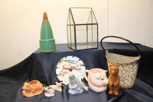 lot 120 image: Collection of Vintage Decorative Items including Frog Planter, Glass Terrarium, and Animal Figurines