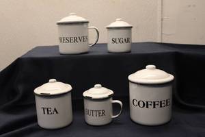 lot 140 image: Set of 5 Vintage Enamel Canisters - Coffee, Tea, Butter, Sugar, Preserves