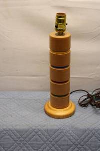 lot 149 image: Vintage Portable Wooden Table Lamp with Red Pleated Shade