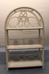lot 156 image: Vintage Wicker Three-Tiered Shelving Unit with Decorative Design
