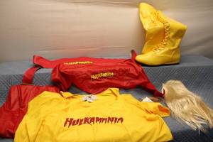 lot 167 image: Vintage Hulkamania Costume Set with Yellow Boots, Wig, and Accessories