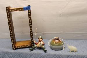lot 183 image: Vintage Decorative Items Lot Fisherman Figurine, Ceramic Vase, and Elephant Figurine