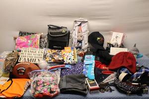 lot 198 image: Assorted Lot of Clothing Accessories, Plush Toy, and Sports Equipment