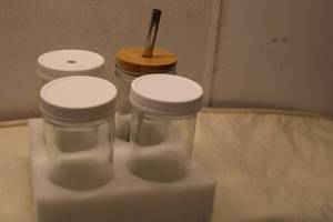 lot 200 image: Set of 3 Glass Jars with Bamboo Lids and Stainless Steel Straws
