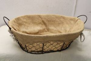 lot 203 image: Oval Wire and Burlap Decorative Basket with Handles
