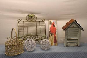lot 223 image: Collection of 4 Decorative Home Items including Birdhouse, Cardinal Wall Art, Wire Rack, and Basket