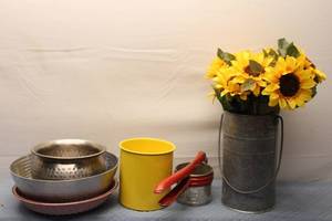 lot 224 image: Collection of Kitchenware and Artificial Sunflowers