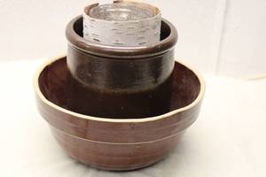 lot 225 image: Vintage Ceramic Mixing Bowl with Brown Glaze and Inner Jar