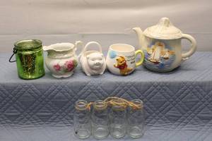 lot 240 image: Collection of Vintage Teapot, Pig Mug, Creamer, and Green Candle Holder