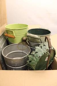 lot 249 image: Assorted Decorative Metal Buckets and Vintage Wooden Shoe Lasts Collection