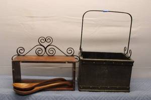 lot 251 image: Vintage Wooden and Metal Storage Caddy with Decorative Handle