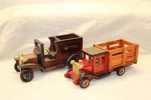 lot 260 image: Set of 2 Vintage Wooden Toy Trucks - Delivery and Pickup Trucks
