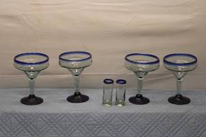 lot 263 image: Set of 4 Handcrafted Blue Rimmed Margarita Glasses and 2 Shot Glasses