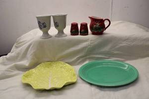 lot 270 image: Mixed Collection of Vintage Dishware including Leaf Plate, Fiesta Platter, and Cardinal Salt & Pepper Shakers