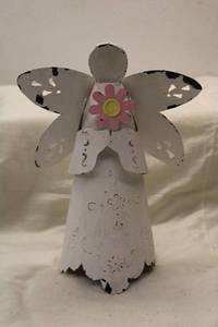 lot 276 image: Decorative White Metal Angel Figurine with Flower Accent