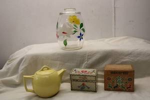 lot 277 image: Vintage Kitchenware Collection Glass Jar with Floral Design, Wooden Recipe Boxes, and Yellow Teapot