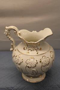 lot 290 image: Vintage White Porcelain Pitcher with Floral Design and Gold Accents