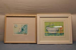 lot 305 image: Pair of Framed Artworks Bathtub Scene and Abstract Sailboats