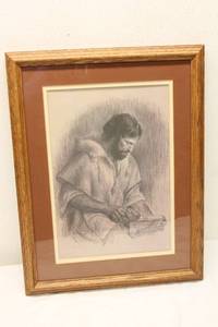 lot 306 image: Framed Art Print of a Man Holding a Book by M. C. O.