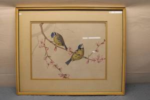lot 307 image: Framed Art Print of Two Birds on Cherry Blossom Branch