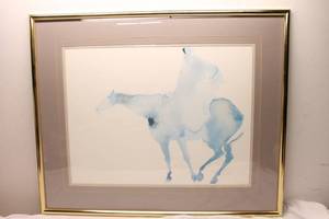 lot 318 image: Framed Watercolor Artwork of Horse and Rider in Blue Tones