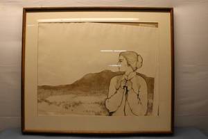 lot 320 image: Framed Artwork Looking Ahead - Woman in Sweater with Mountain Background