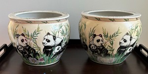 lot 69 image: Pair of Chinese Panda Large Yellow Fishbowl Planters  Vintage Chinoiserie Chic Decor