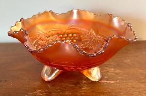 lot 144 image: Vintage Fenton Grape and Cable Carnival Glass Footed Bowl