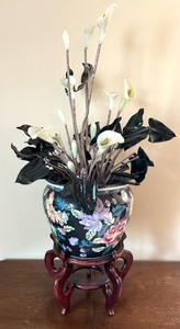 lot 19 image: Lovely Hard Stone and Jade Plant in Floral Planter with Base