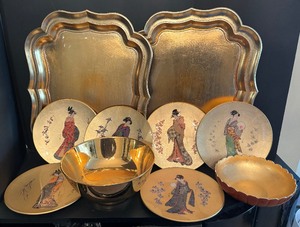 lot 223 image: Golden Platters, Bowls and Complete Set of The Nobel Flower Maidens Plates