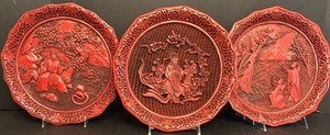 lot 202 image: Three Vintage Cinnabar pates, The Prince and the Python Plate #1307, Smell Plate #10029 and Dance of the Peacock Maidens Plate #2606