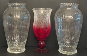 lot 192 image: Fun Pair of Large Glass Vases and Crackle Red and Clear Hurricane Vase