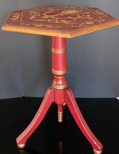 lot 45 image: Vintage Wooden Red and Gold Small 3 Legged Table in Hand Painted