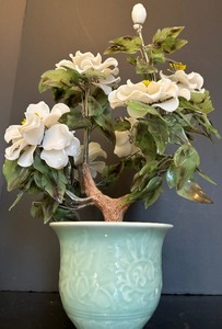 lot 49 image: Gorgeous Vintage Carved Hard Stone Gem Tree in Celadon Green Pot