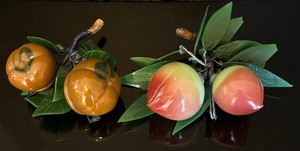 lot 50 image: Two Unique Vintage Handmade Jade and Glass Plumbs and Pumpkins
