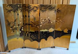 lot 24 image: Painted Wood Cherry Blossom and Bamboo Screen