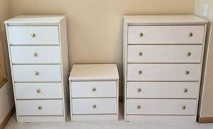 lot 29 image: Three Piece White Wood Dresser and Nightstand Set