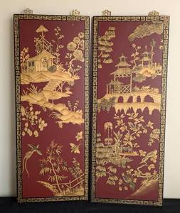 lot 121 image: Pair of Painted Wood Wall Hangings